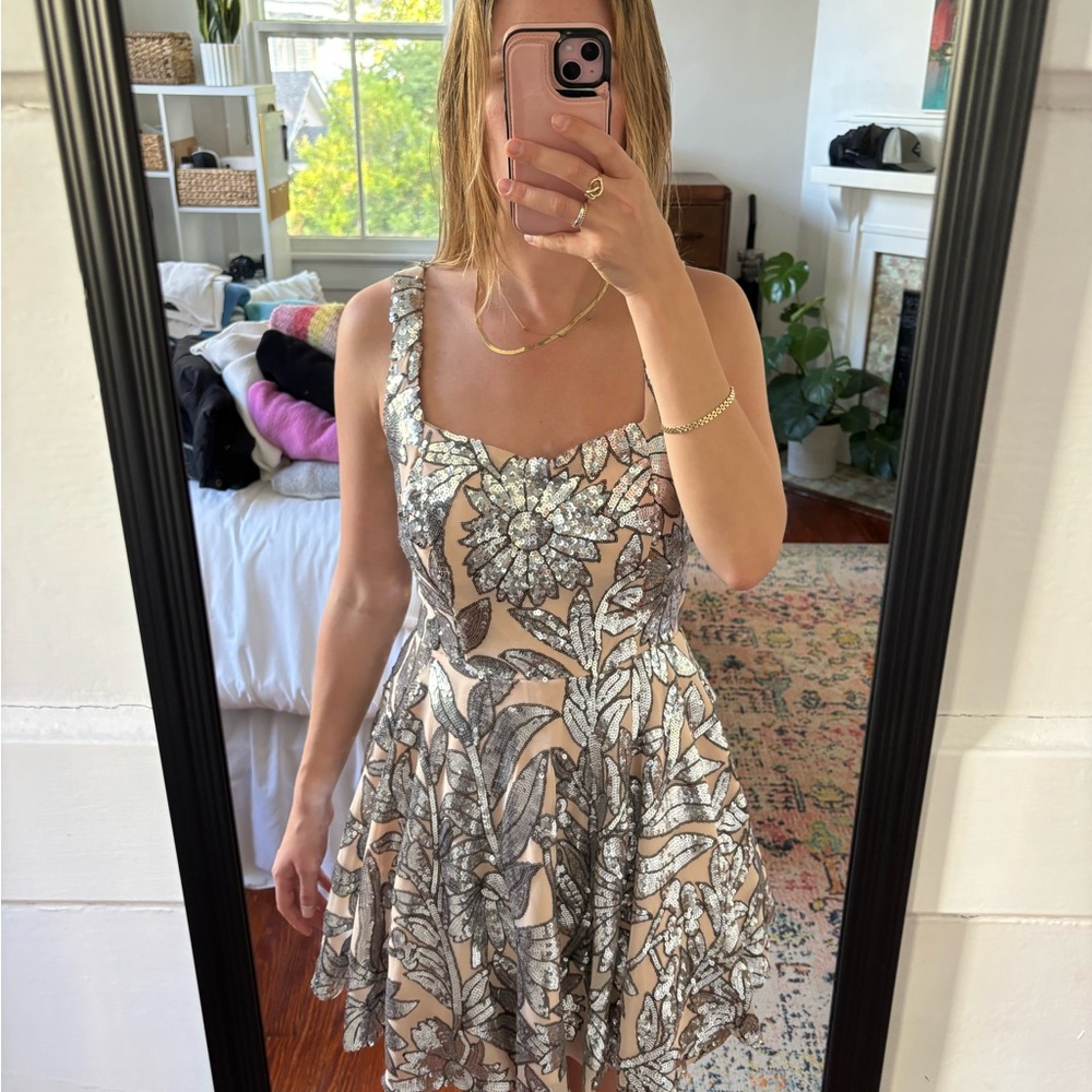 Tan/Silver Sequin Floral Patterned Dress